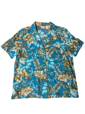 VTG Erika Blue Hawaiian Floral Casual Blouse & Blue Beaded Tank Top Women's M